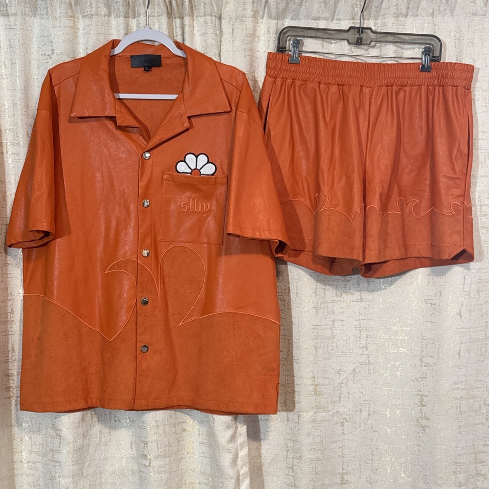 SOLEBOY Faux Leather Shorts Set Men's XL Orange Good Western Streetwear SLBY